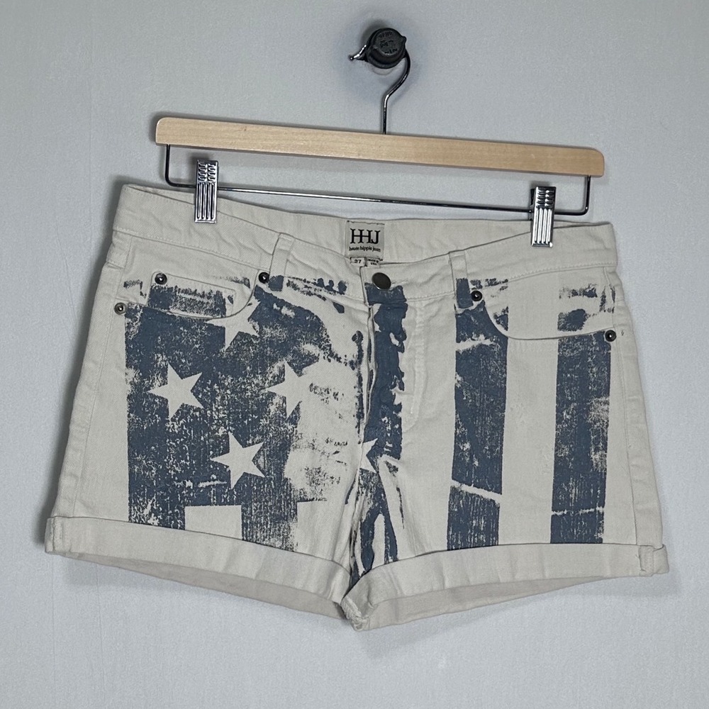 Haute Hippie Jean American Flag Denim Shorts Cream Distressed USA Made Size 27